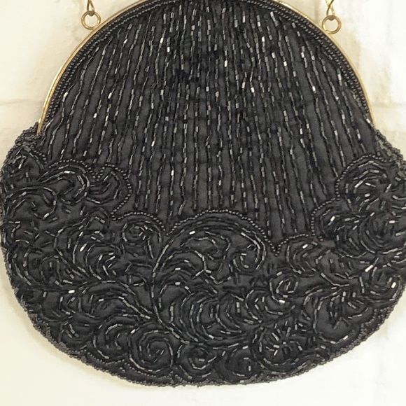 Vintage Black Beaded Evening Clutch Purse w/ Chain - Picture 2 of 10